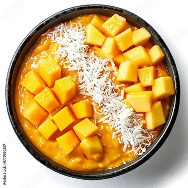 Fototapeta Aerial view of a bowl filled with a yellow smoothie, fruit cubes, and shredded topping