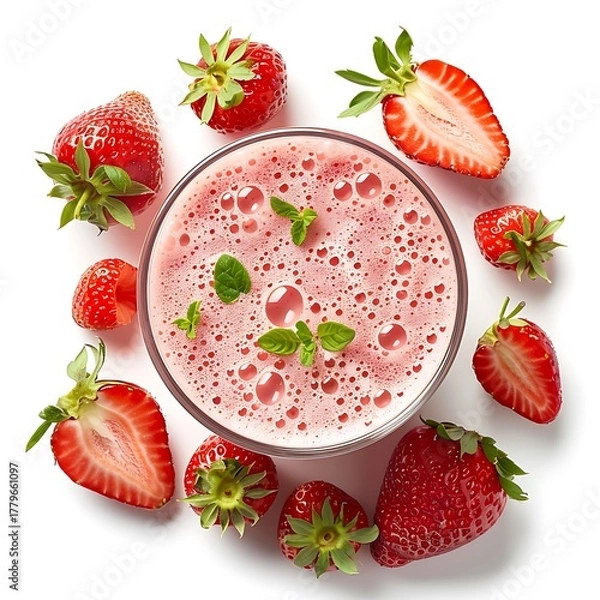 Fototapeta Top view of strawberry smoothie in glass with fresh strawberries and mint leaves around