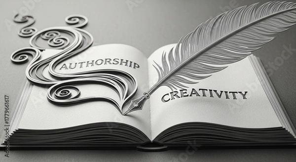 Obraz paper cut quill pen writing across an open book — authorship and creativity