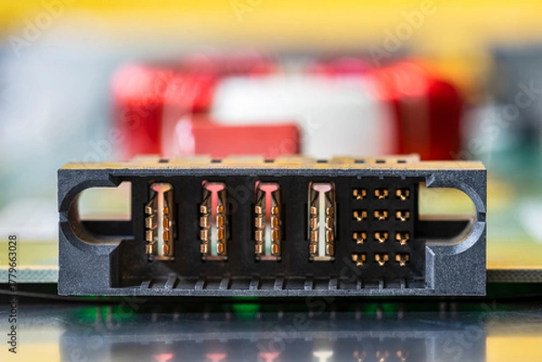 Fototapeta Electrical power socket on a printed circuit board with electronics in blurred background