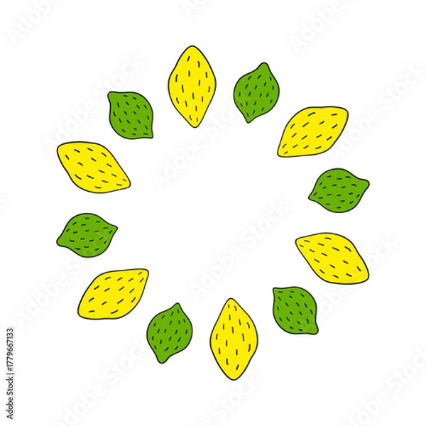 Fototapeta Cute round frame with doodle lemons and limes isolated on white background. Natural summer illustration. Circle composition with citrus fruits.