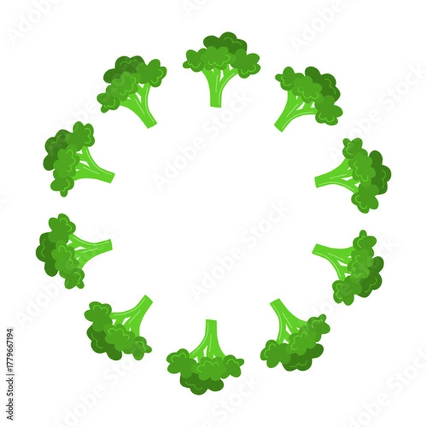 Fototapeta Round wreath with cute flat broccoli isolated on white background. Circle frame with vegetables.
