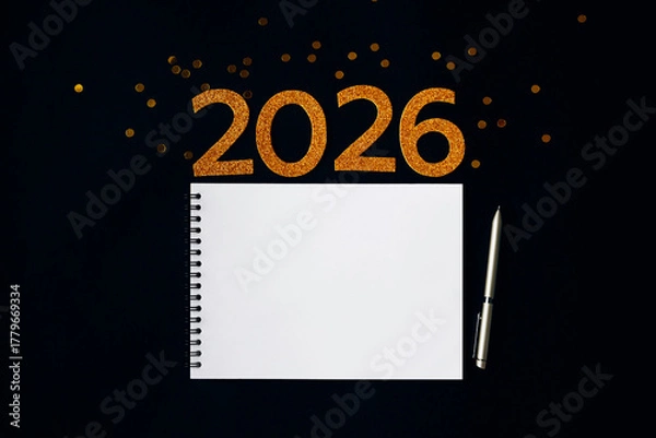 Obraz 2026 New Year concept with empty notebook for your goals, plans, resolutions. Flat lay style. Christmas planning concept with space for text