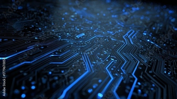 Fototapeta Complex scheme of a printed circuit board in blue light.