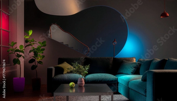 Fototapeta Modern Living Room Interior with Colorful Ambient Lighting—Luxury Home Decor Concept