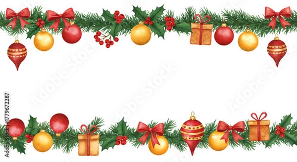Fototapeta Christmas garland with ornaments and gifts on white background and blank copy space  