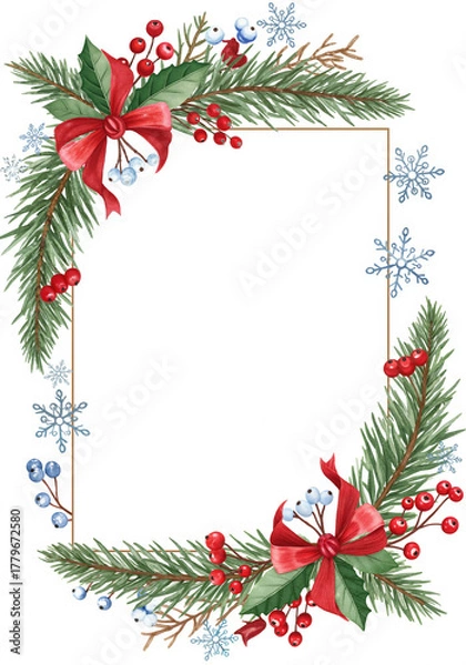 Fototapeta Christmas frame with pine branches, berries, and bows in festive colors  