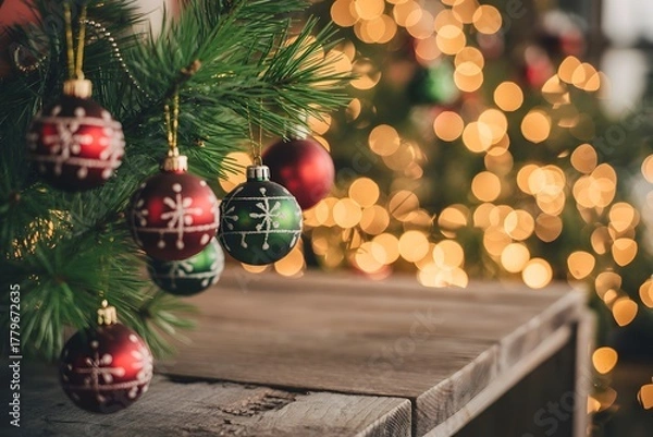 Obraz Christmas tree decorated with red and green ornaments and glowing lights 