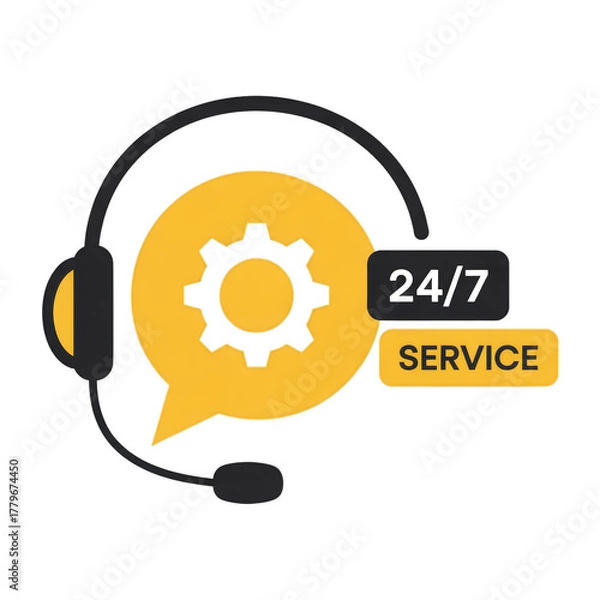 Fototapeta 24/7 service icon with headset and gear support customer
