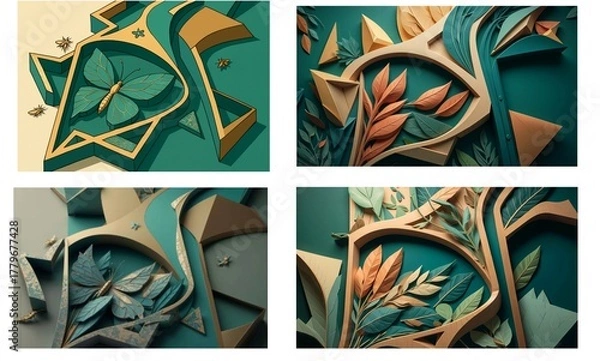 Fototapeta Abstract 3D Paper-Cut Botanical and Butterfly Art—Modern Layered Decorative Design