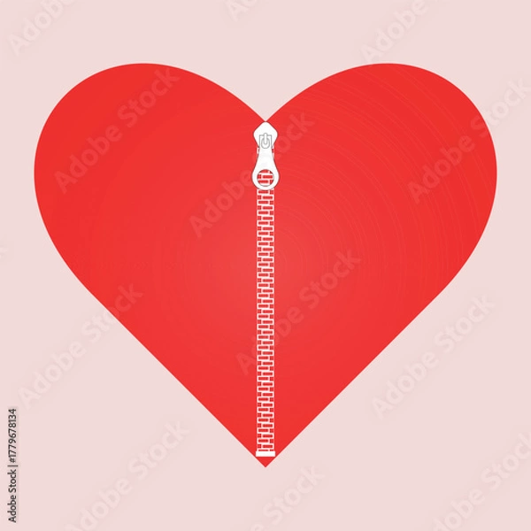 Fototapeta Romantic red heart design with white zipper. Heart pattern on pink background . Vector illustration. Surface for wrapping paper, digital paper, shirts, cloths.Theme background. Love and romantic .Abst