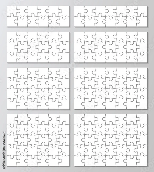 Fototapeta Process jigsaw grid set. Eight puzzles infographics collection. diagram presentation. Business chain infographic. Business info graphic with steps, parts. Vector illustration