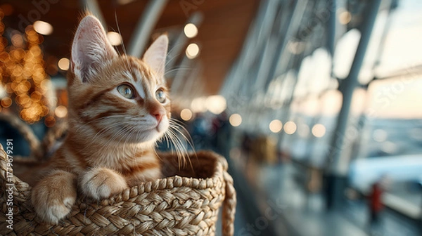 Obraz Ginger cat with bright green eyes resting in a woven basket, gazing out at a bustling airport terminal filled with travelers and soft ambient lighting