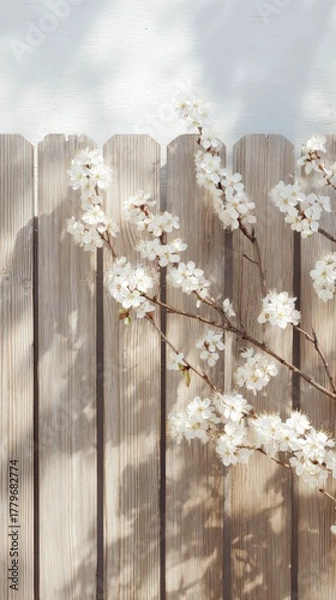 Fototapeta Delicate White Cherry Blossom Branches Gracing a Rustic Wood Fence in Spring Light