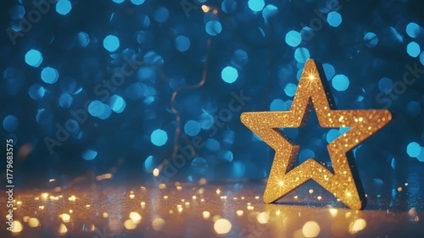 Obraz Golden glitter star on glowing blue bokeh background representing festive celebration and holiday decoration