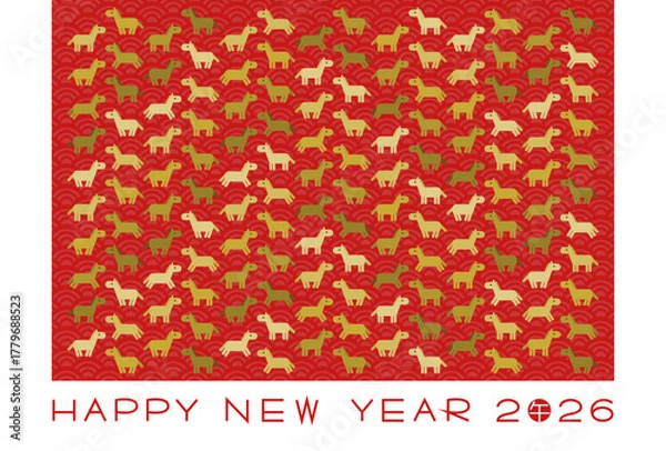 Fototapeta 2026年午年年賀状 赤い和柄背景に馬模様