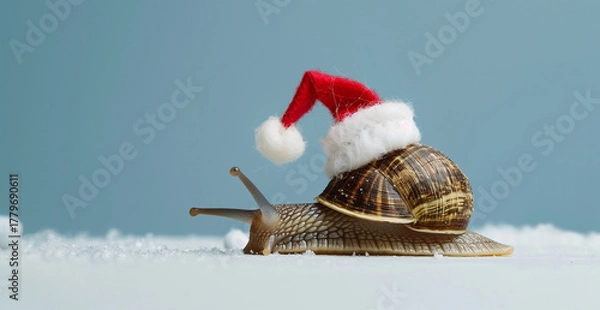 Obraz A snail wearing a tiny Santa hat and fluffy white beard crawling on snow. A playful and minimal Christmas concept blending humor and stillness. Perfect for festive cards, ads, and branding visuals.