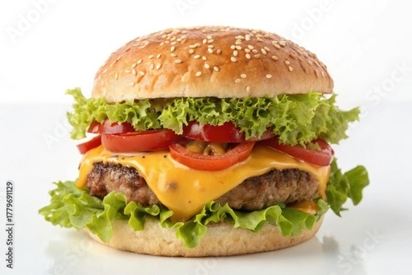 Fototapeta Delicious Cheeseburger With Fresh Toppings and Sesame Seed Bun