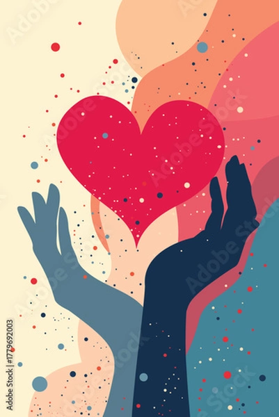 Fototapeta Abstract illustration of hands holding a heart, symbolizing love, care, compassion, and connection. Modern colorful artwork representing kindness and emotional warmth.