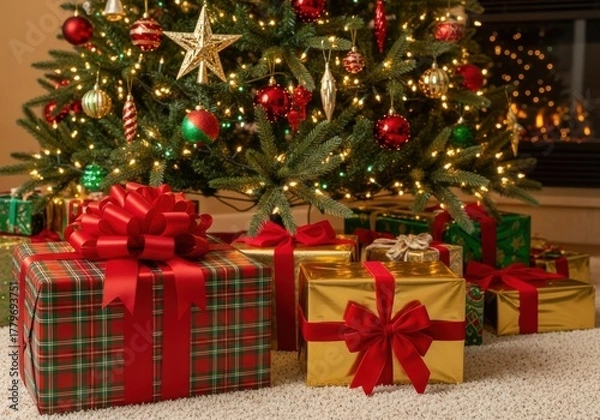 Fototapeta Festive christmas tree adorned with gifts and lights