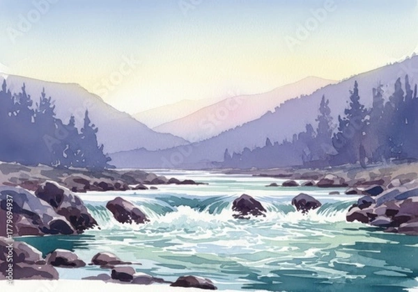 Fototapeta A tranquil watercolor painting depicting a majestic mountain river flowing through a serene pine forest valley at early morning.