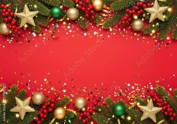 Fototapeta Festive christmas border with ornaments and lights on red background