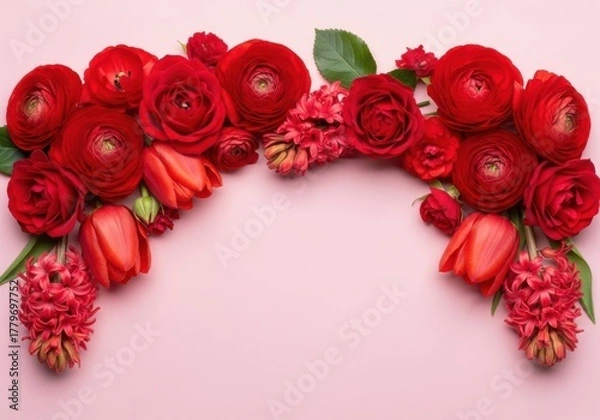 Fototapeta Archway of vibrant red flowers and green leaves on a soft pink background