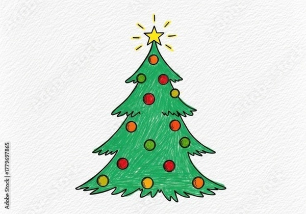 Fototapeta Hand drawn green christmas tree with ornaments and star topper
