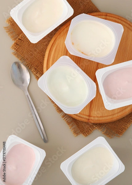 Fototapeta Tasty yogurt in a plastic glass on a colored table. Place to insert text.. Vertical photo format