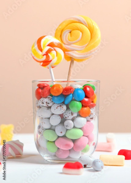 Fototapeta various candy and sweets on the table on a colored background.. Vertical photo format