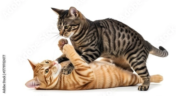 Fototapeta Two playful young Bengal and ginger tabby cats wrestling and having fun together on a white background