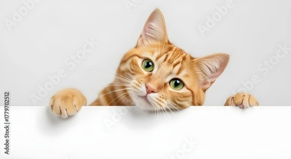 Fototapeta Curious orange tabby cat with green eyes peeking over a white surface, friendly feline