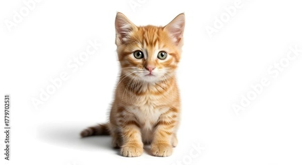 Fototapeta Ginger Kitten with Striking Eyes Posing in Studio Against Bright White Backdrop