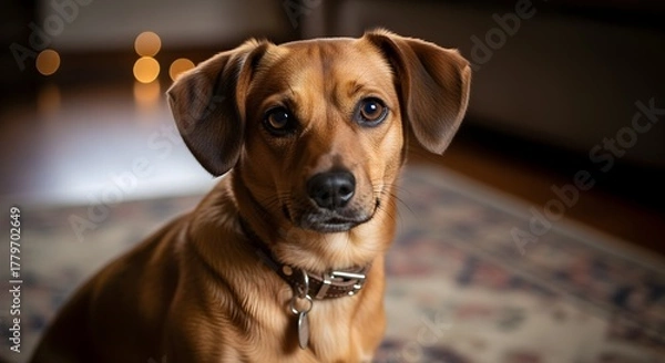 Fototapeta Charming portrait of a sweet brown dachshund mix dog relaxing on a patterned carpet in a warm home setting