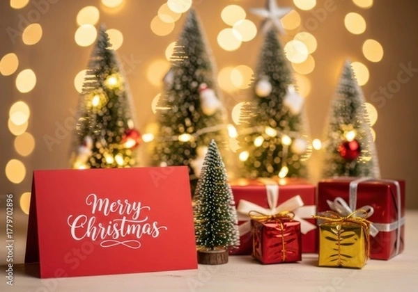 Fototapeta Festive christmas scene with miniature trees and gifts