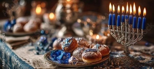 Fototapeta Festive Hanukkah Card Setting with Menorah, Dreidels, and Sufganiyot in Candlelight