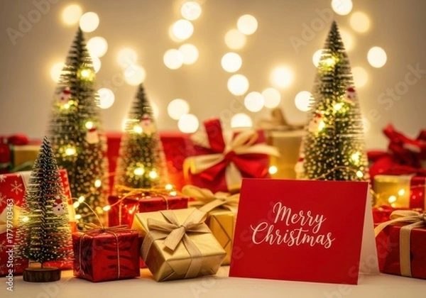 Fototapeta Festive christmas scene with miniature trees and gifts