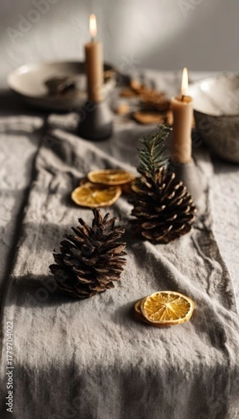 Fototapeta Minimalist Table Setup with Linen, Pinecones, Candles, and Dried Citrus Slices