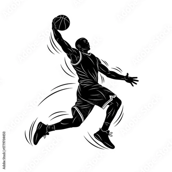 Fototapeta Dynamic vector silhouette of athletic basketball player performing slam dunk on white background, illustration for sports design, athletic themes, and promotional material.