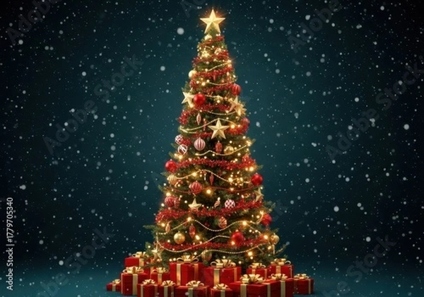 Fototapeta Festive christmas tree adorned with lights and gifts in snowy night