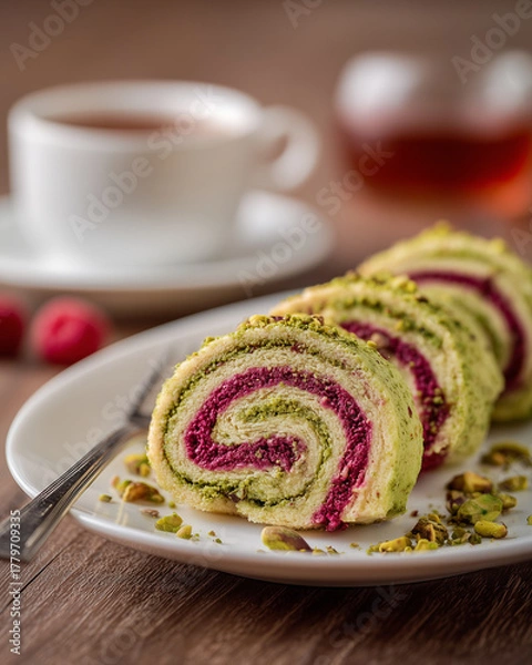 Fototapeta Pistachio raspberry cake roll slices on white plate