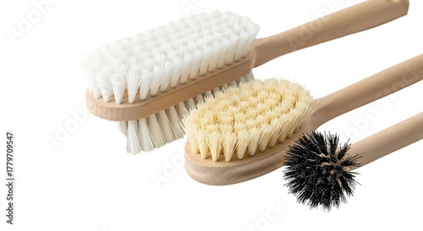 Fototapeta Three cleaning brushes with wooden handles scrub bristles isolated on a transparent background