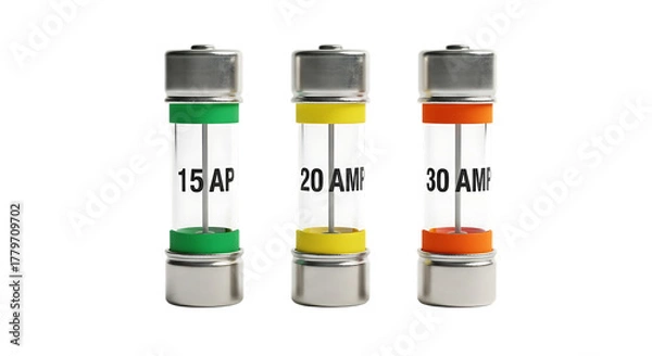Fototapeta Three electrical fuses with colored bands on black background isolated on a transparent background