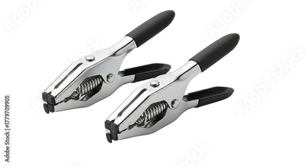 Obraz Two metal alligator clips with black handles isolated on a transparent background