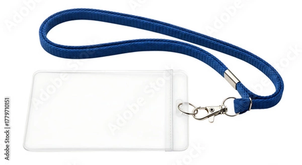 Obraz White ID card holder with blue lanyard on black background isolated on a transparent background