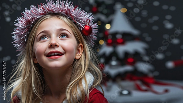 Fototapeta Anticipation: Young girl smiling with festive headband in front of Christmas tree  