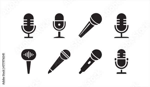Fototapeta Set of black and white microphone icons in vector illustration