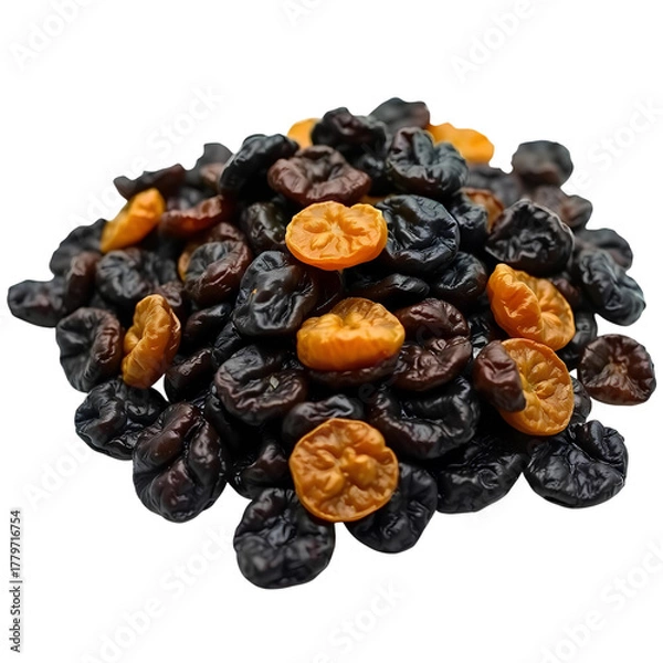 Fototapeta Photo of pile of dark brown and golden brown wrinkled raisins isolated on transpatent background