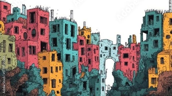 Fototapeta Vibrant illustration of colorful urban buildings with unique architecture surrounded by green trees.