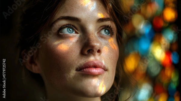 Obraz Light rays entering through stained glass casting colors on thoughtful face 